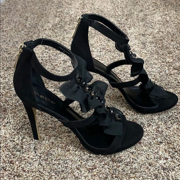 Bebe Gladyssa Black Chiffon Heels, sz 10 - Picture 3 of 8